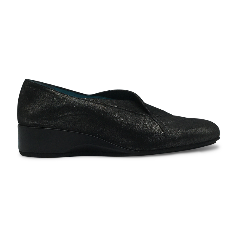 Thierry Rabotin Women's Ziliah Black Metallic Stretch Leather Wedge