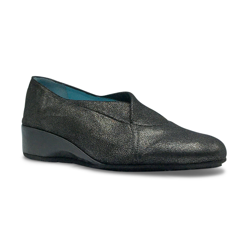 Thierry Rabotin Women's Ziliah Black Metallic Stretch Leather Wedge