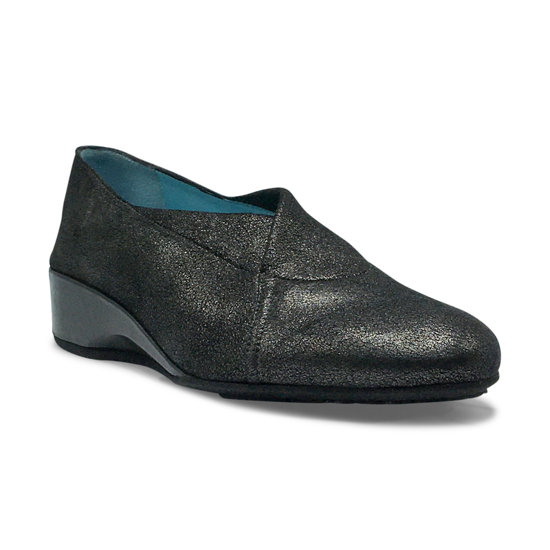 Thierry Rabotin Women's Ziliah Black Metallic Stretch Leather Wedge