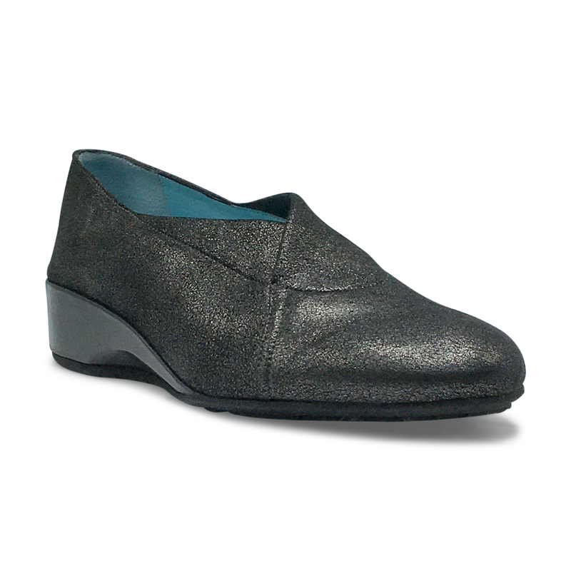 Thierry Rabotin Women's Ziliah Black Metallic Stretch Leather Wedge